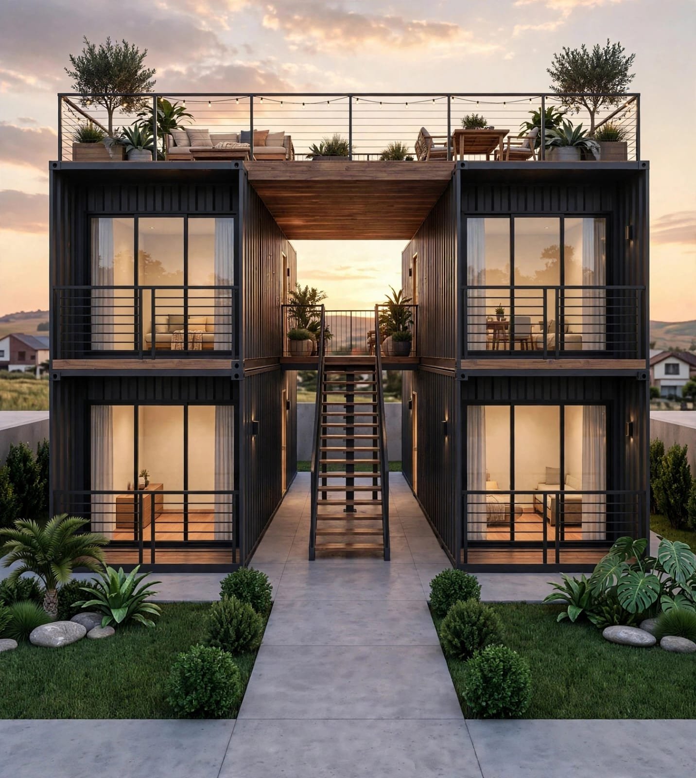 Fachada com rooftop e deck de madeira, dois blocos de containers ligados por escada central